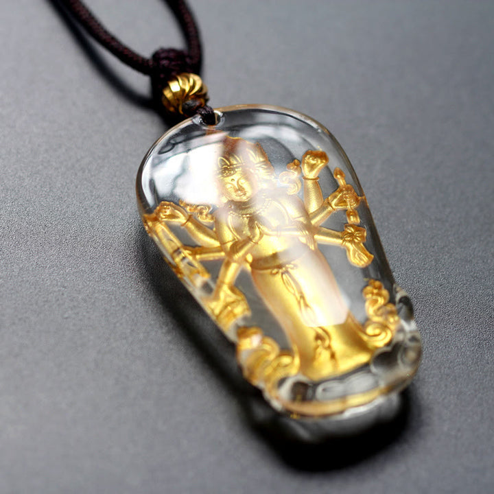 Buddha Stones Tibetano Otto Braccia Avalokitesvara Guanyin Buddha Placcato Oro Liuli Cristallo Ricchezza Collana Pendente