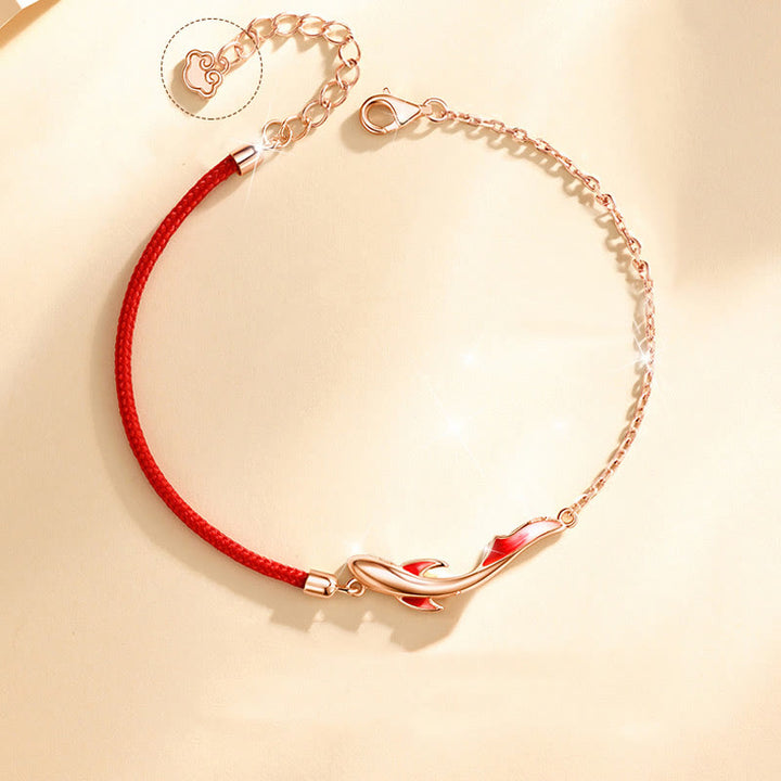 Braccialetto in corda rossa intrecciata con stella di loto e pesce koi in argento sterling 925 Buddha Stones