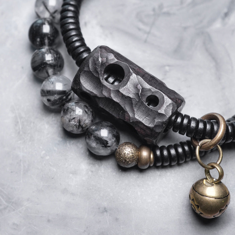 Braccialetto di coppia della saggezza del rame del legno di ebano del quarzo rutilato nero Buddha Stones