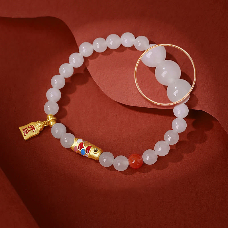 Bracciale Buddha Stones 925 Sterling Silver Hetian Giada Bianca Agata Rossa Koi Pesce Fortuna Felicità