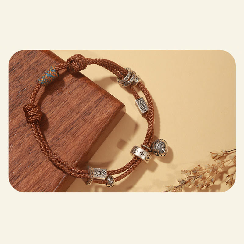 Bracciale intrecciato a mano Buddha Stones 925 Sterling Silver Gold con pesce Koi che ingoia la bestia