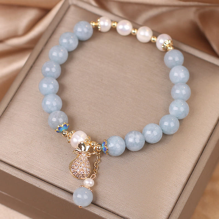 Braccialetto con ciondolo Buddha Stones Aquamarine Pearl Fortune Money Bag