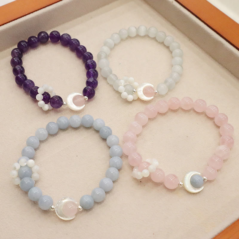 Braccialetto di Buddha Stones in argento sterling 925 con ametista naturale, acquamarina, cristallo rosa, occhio di gatto, guarigione, luna crescente
