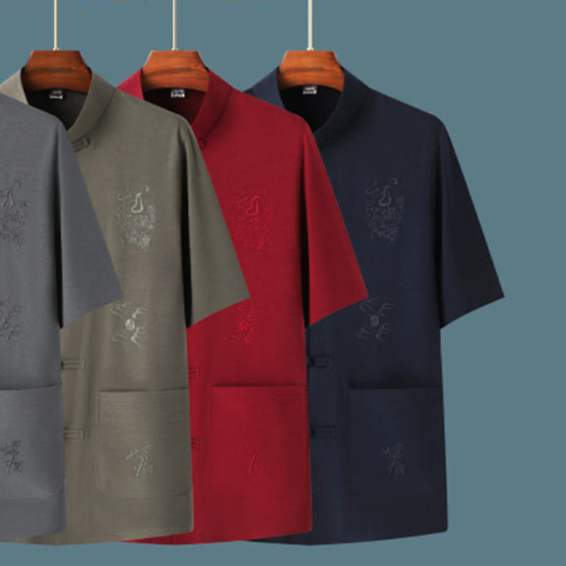 Buddha Stones Tang Suit Hanfu Drago Cinese Tradizionale Kung Fu Uniforme Manica Corta Top e Pantaloni Abbigliamento Uomo Set