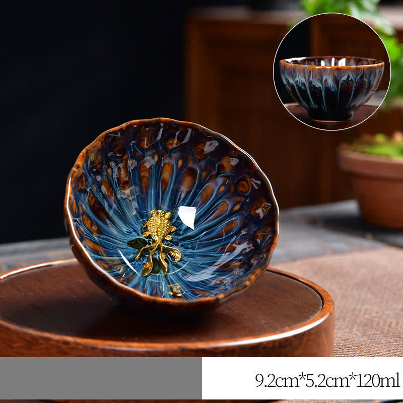 Buddha Stones Lotus Pavone Drago Fenice Koi Pesce Tazza da tè in ceramica Tazze da tè intarsiate 120ml