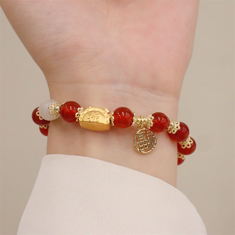 Buddha Stones Anno del Drago Agata Rossa Quarzo Fragola Ossidiana Nera Giada Granato Perla Cinabro Drago Gnocco Fortuna Fu Bracciale Personaggio - image 4