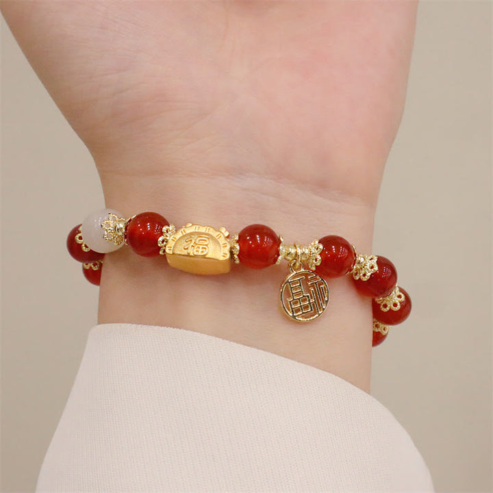 Buddha Stones Anno del Drago Agata Rossa Quarzo Fragola Ossidiana Nera Giada Granato Perla Cinabro Drago Gnocco Fortuna Fu Bracciale Personaggio - image 4