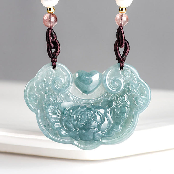 Collana con Buddha Stones a forma di fiore di peonia in giada naturale con ciondolo a forma di lucchetto di buoni auguri e prosperità