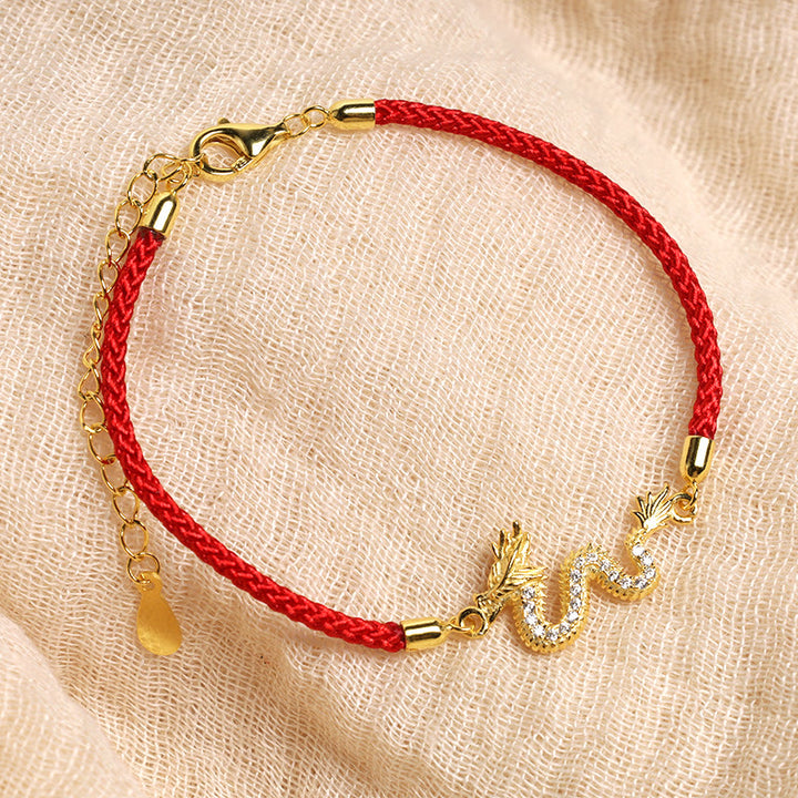 Buddha Stones con catena in corda rossa con drago dorato di buon auspicio, in argento sterling 925, anno del drago