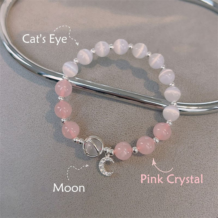 Braccialetto con ciondolo a forma di luna e cristallo rosa occhio di gatto naturale Buddha Stones