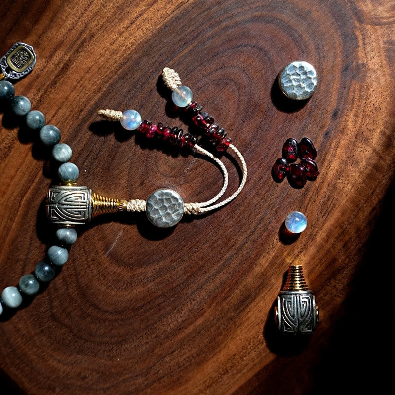 Buddha Stones Argento Sterling 925 108 Perline Mala Pietra Occhio d'Aquila Pietra di Luna Braccialetto Positivo