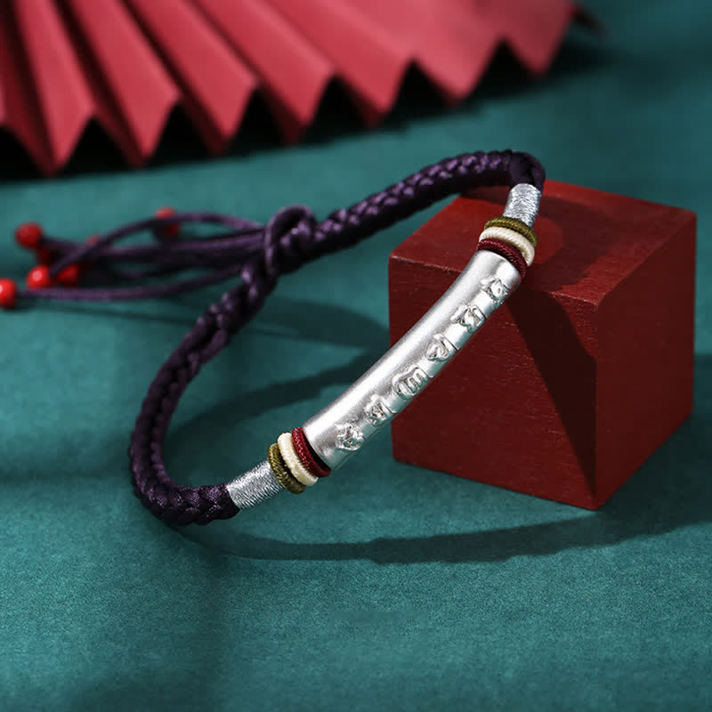 Braccialetto di corda di protezione e forza Om Mani Padme Hum in argento sterling 999 Buddha Stones