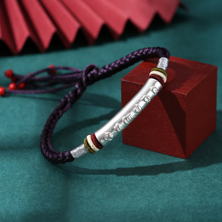 Braccialetto di corda di protezione e forza Om Mani Padme Hum in argento sterling 999 Buddha Stones