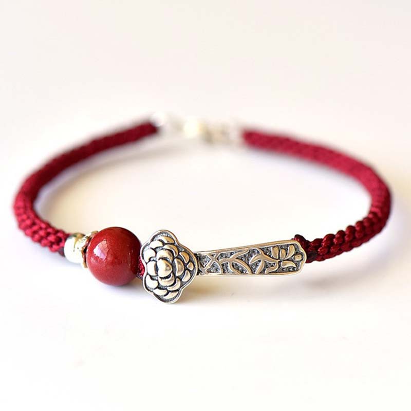 Braccialetto di corda di benedizione in argento sterling 925 con Buddha Stones cinabro