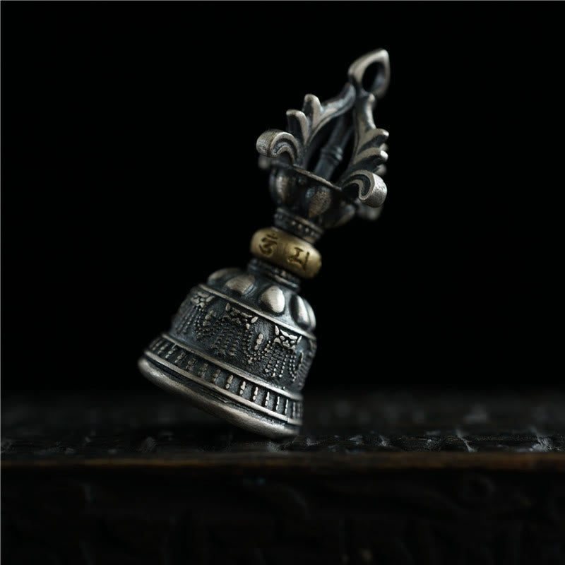 Buddha Stones Tibet 925 Sterling Silver Om Mani Padme Hum Dorje Campana Vajra Inciso Illuminazione Ciondolo Appeso Decorazione