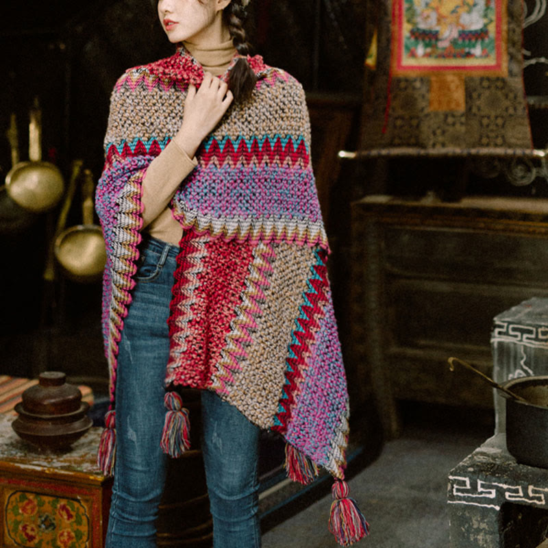 Scialle tibetano lavorato a maglia con Buddha Stones, mantello caldo, sciarpa tibetana con nappe