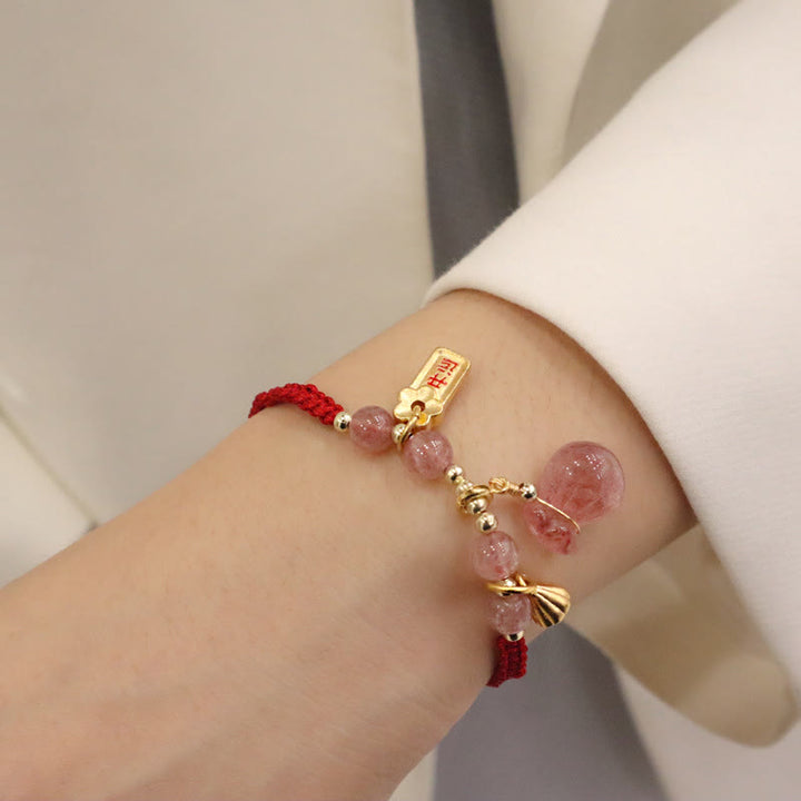 Braccialetto intrecciato con corda rossa, Buddha Stones naturale, sacchetto di denaro con loto