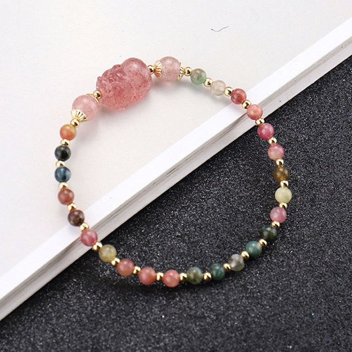 Braccialetto di protezione in pietra di luna PiXiu con quarzo fragola, tormalina naturale e granato Buddha Stones