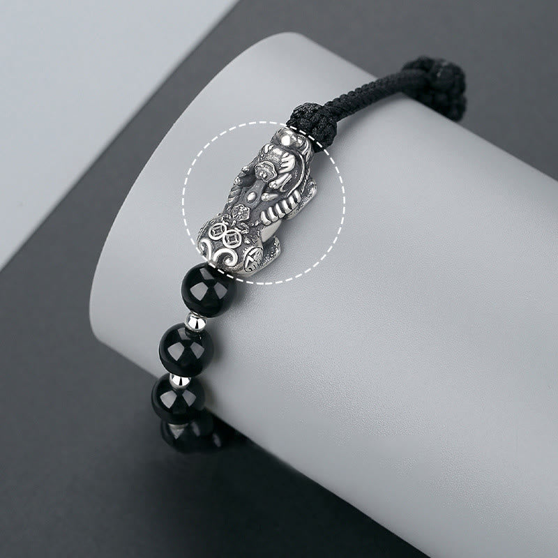 Buddha Stones 999 Sterling Silver FengShui PiXiu Ossidiana nera naturale 925 Sterling Silver Bead Strength Bracciale