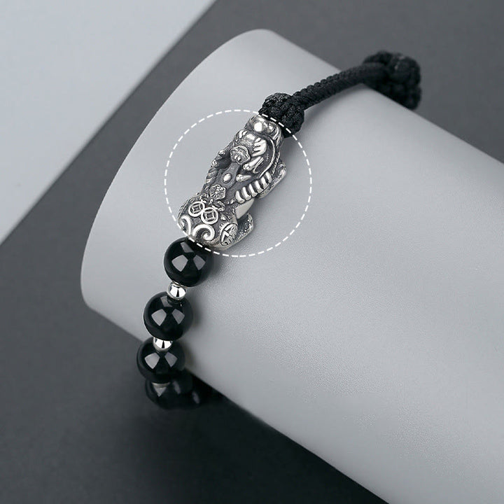Buddha Stones 999 Sterling Silver FengShui PiXiu Ossidiana nera naturale 925 Sterling Silver Bead Strength Bracciale