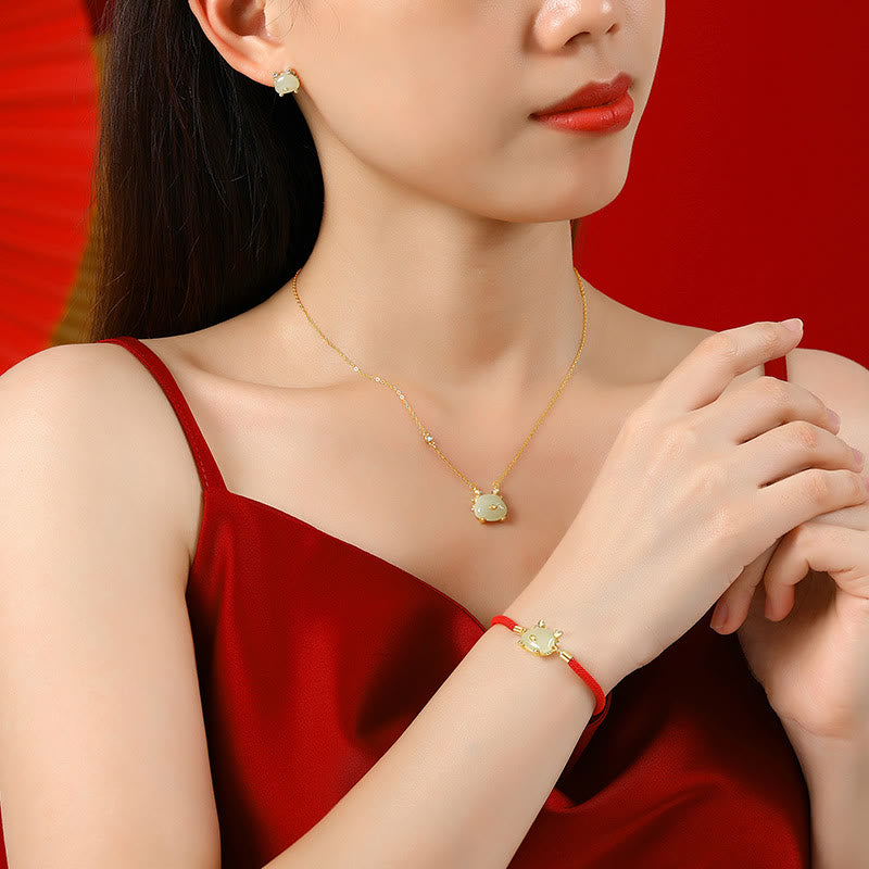 Buddha Stones Argento Sterling 925 Anno del Drago Giada Hetian Naturale Agata Rossa Simpatico Drago Protezione Successo Bracciale Collana Ciondolo Orecchini
