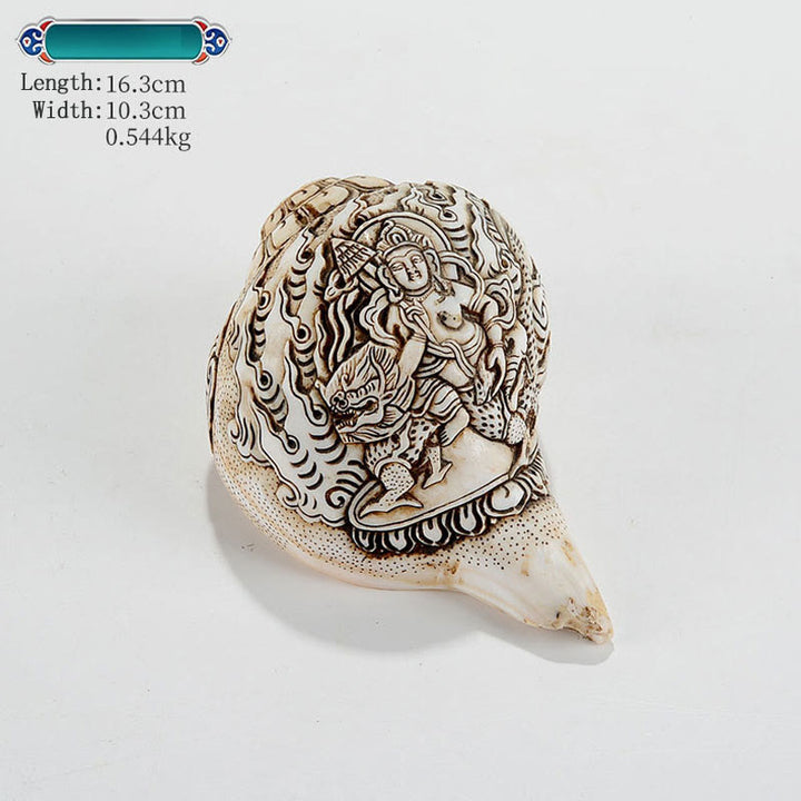 Decorazione di ricchezza di conchiglia di conchiglia di Avalokitesvara Buddha tibetano inciso a mano Shankha - Re del tesoro 16,3*10,3 cm - image 9