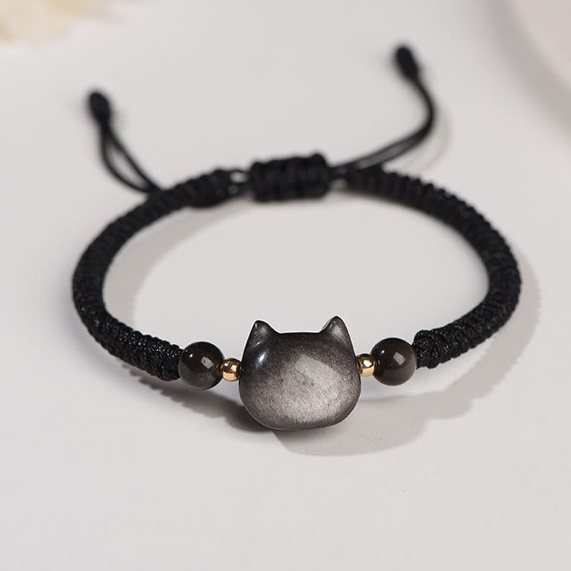 Braccialetto intrecciato con protezione per gatti carino, in ossidiana lucida d'argento naturale fatto a mano, al quarzo fragola, Buddha Stones - Ossidiana argentata (Comunicazione♥Lenitiva) - Gatto adorabile - image 6