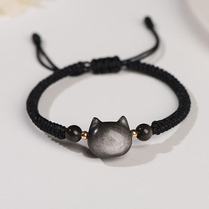 Braccialetto intrecciato con protezione per gatti carino, in ossidiana lucida d'argento naturale fatto a mano, al quarzo fragola, Buddha Stones - Ossidiana argentata (Comunicazione♥Lenitiva) - Gatto adorabile - image 6