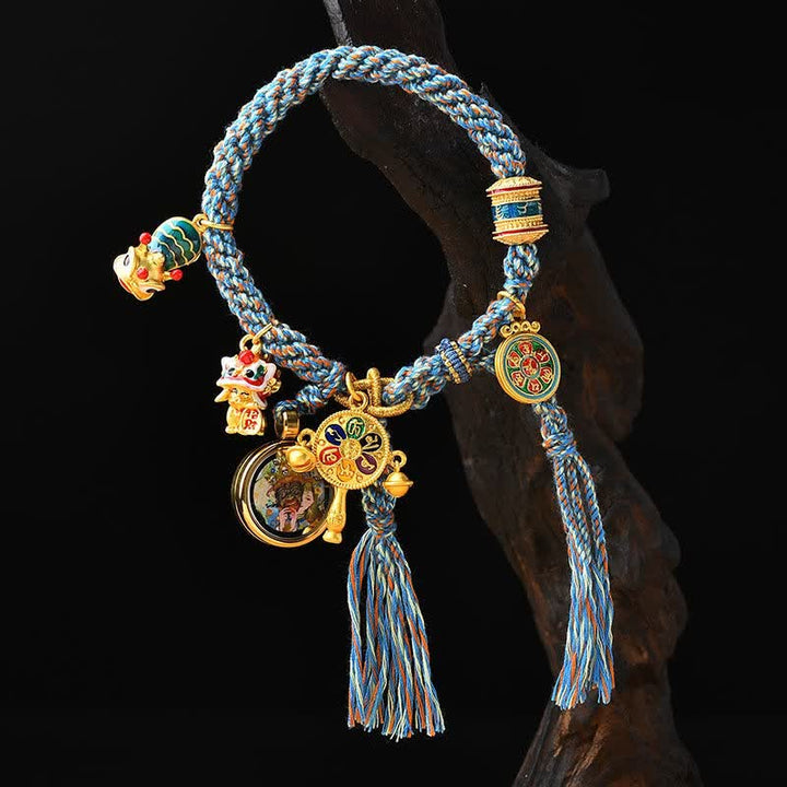 Braccialetto con corda intrecciata Thangka Tibetano Zakiram Dea della Ricchezza Ruota della Fortuna