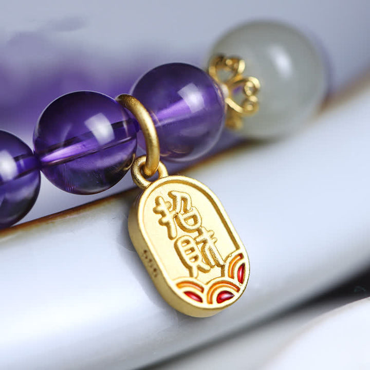 Braccialetto con ciondolo curativo in giada Hetian con cristallo di ametista naturale Buddha Stones