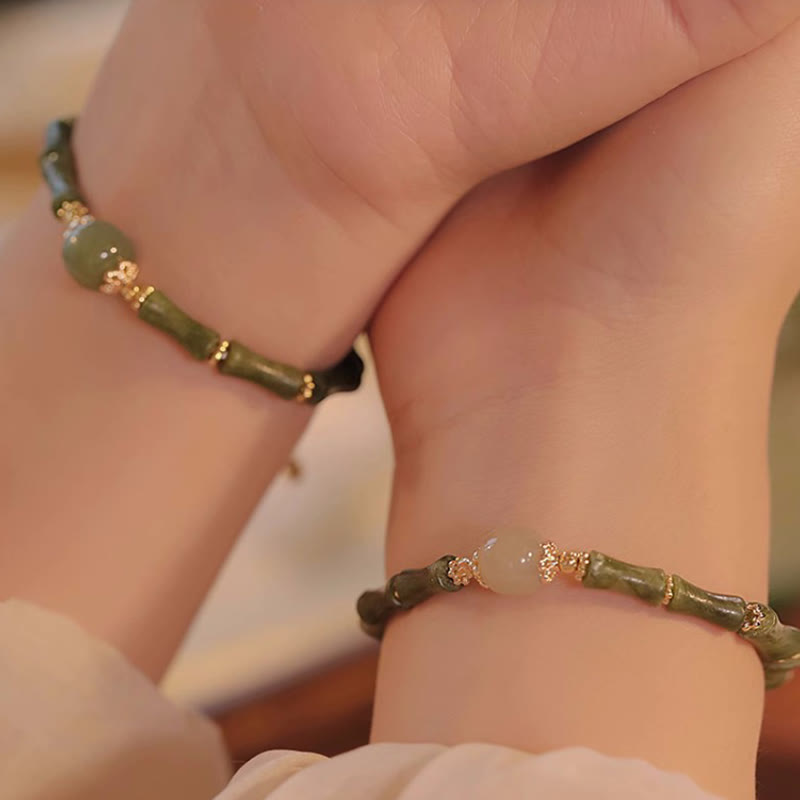 Braccialetto della fortuna con motivo di bambù in giada Hetian con peridoto placcato in rame 14K Buddha Stones