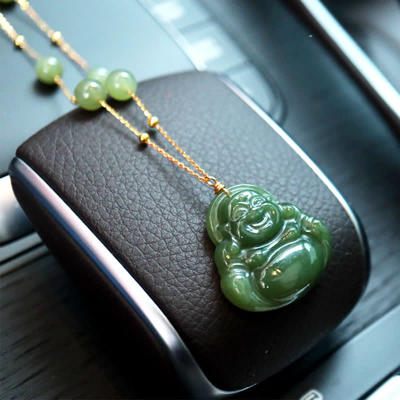 Collana con ciondolo a forma di catena di perline in giada Hetian Buddha che ride - image 2