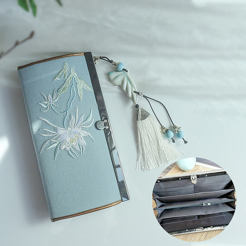 Portafoglio portasoldi grande capacità con ricamo a doppia faccia, Buddha Stones, fiori di prugna, fiori di pesco, bambù, borsa per la spesa - image 1