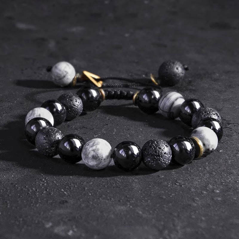 Braccialetto di forza Yin Yang in pietra lavica di ossidiana nera Buddha Stones