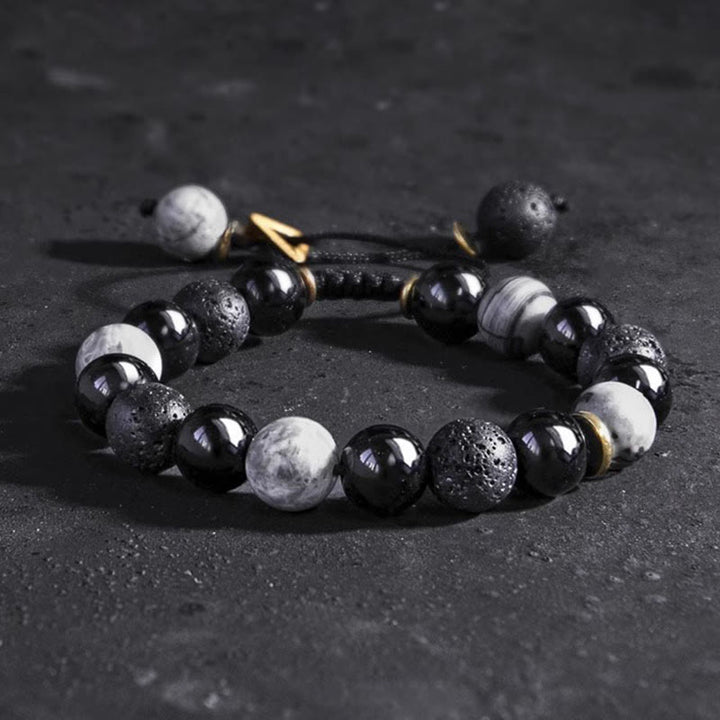Braccialetto di forza Yin Yang in pietra lavica di ossidiana nera Buddha Stones