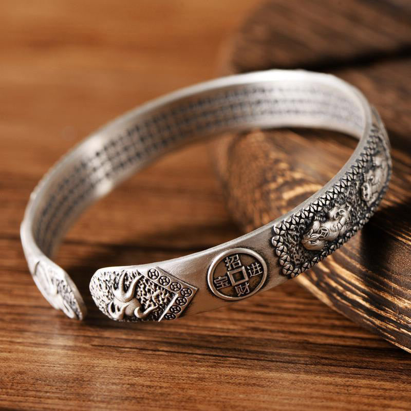 Buddha Stones Tibetano PiXiu Cuore Sutra Moneta Rame Bianco Bracciale Ricchezza Bracciale Regolabile