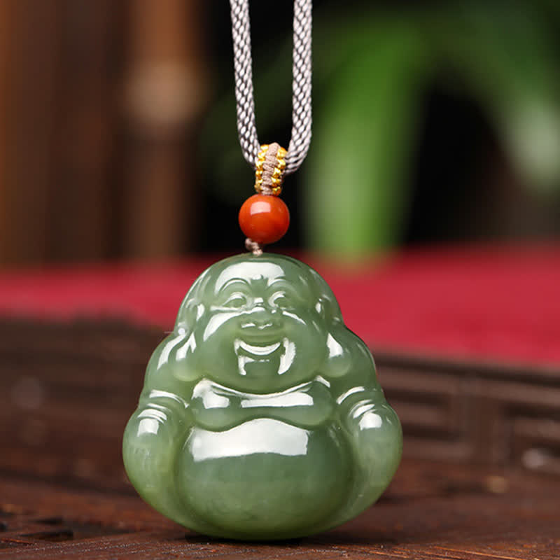 Collana con ciondolo a corda con abbondanza di giada Hetian Buddha che ride - Giada di Hetian (Prosperità ♥ Abbondanza) - image 1