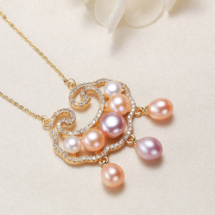 Collana con ciondolo con lucchetto cinese in perle naturali placcate in oro 18 carati, motivo : Buddha Stones