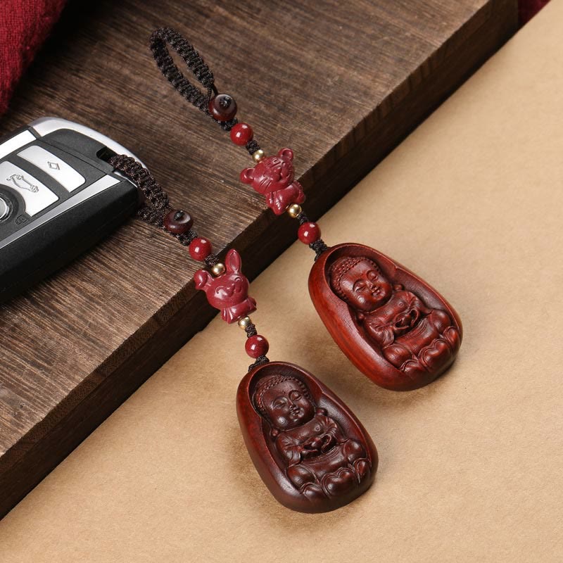 Buddha Stones Piccola foglia Sandalo rosso Buddha Cinabro Zodiaco cinese Amuleto Protezione Portachiavi