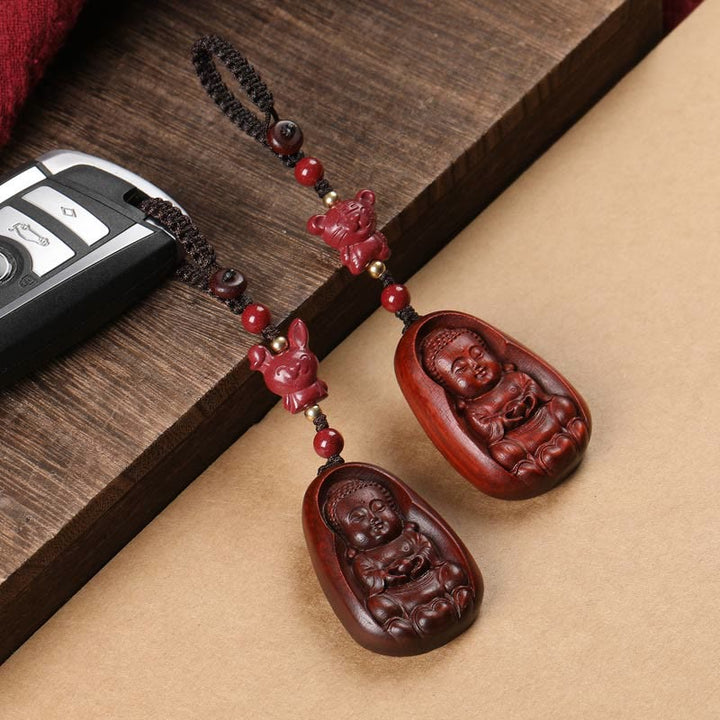 Buddha Stones Piccola foglia Sandalo rosso Buddha Cinabro Zodiaco cinese Amuleto Protezione Portachiavi