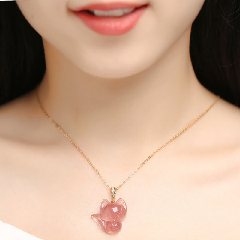 Collana con ciondolo guarigione volpe quarzo fragola in argento sterling 925 placcato oro 14k Buddha Stones