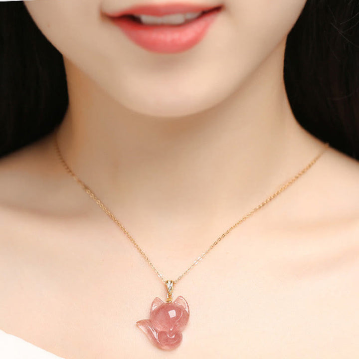 Collana con ciondolo guarigione volpe quarzo fragola in argento sterling 925 placcato oro 14k Buddha Stones