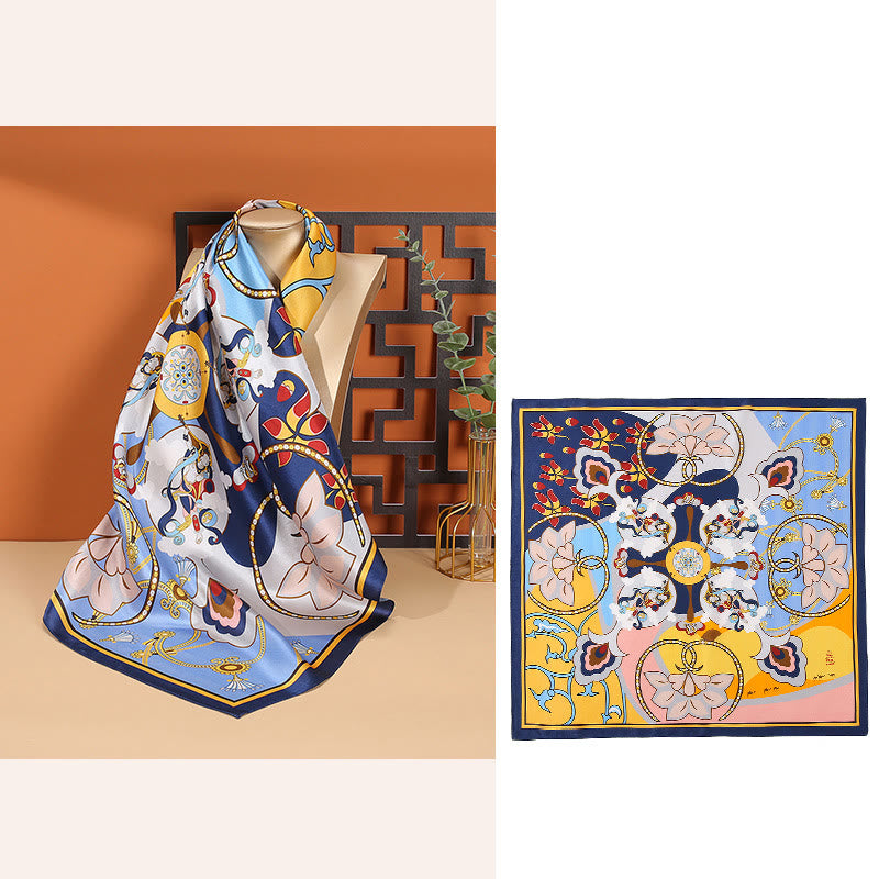 Sciarpa per capelli al collo in seta di gelso al 100%, motivo: Buddha Stones , scena pastorale, mongolfiera, fiori primaverili - Fiori-Blu navy - image 19