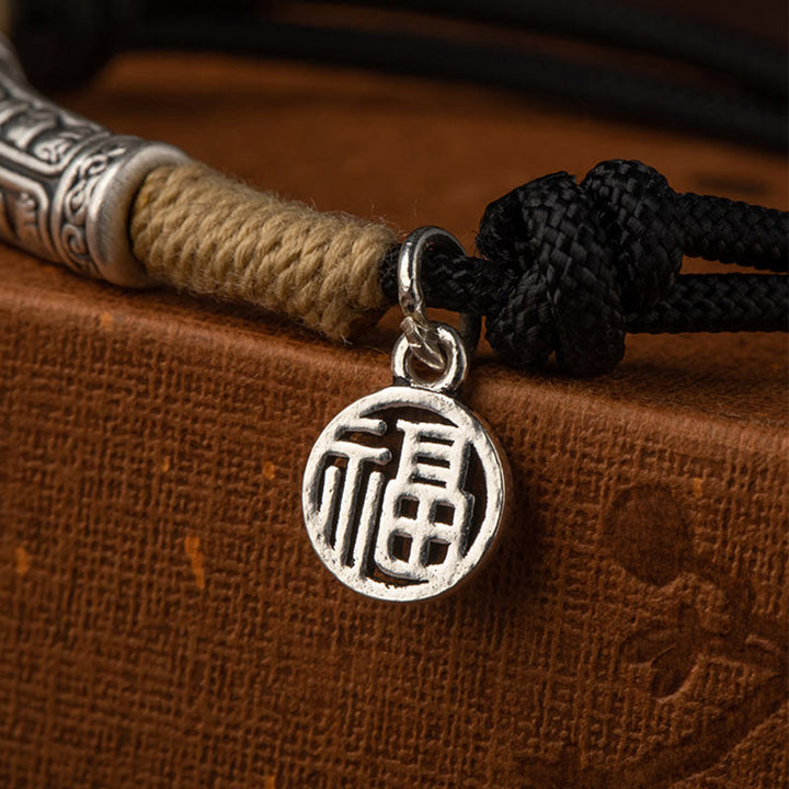 Buddha Stones 999 Sterling Silver Tibet Fatto a mano Om Mani Padme Hum Fu Carattere TopRank Carattere Fortuna Braccialetto Intrecciato