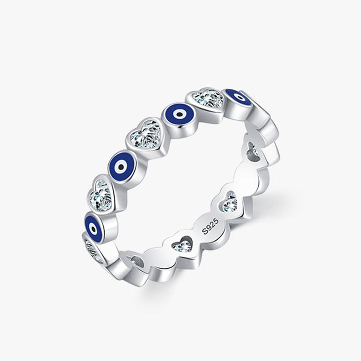 Anello di benedizione con zircone a forma di cuore con occhio malvagio in argento sterling 925 Buddha Stones