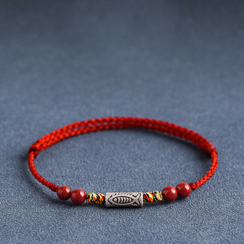 Buddha Stones 925 Sterling Silver Koi Fish Cinnabar Bead Wealth Braccialetto intrecciato artigianale Cavigliera