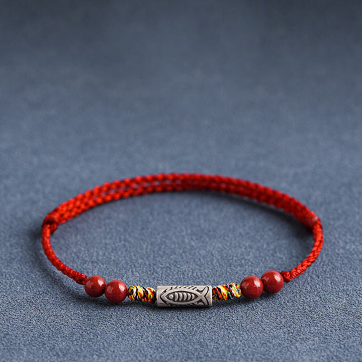 Buddha Stones 925 Sterling Silver Koi Fish Cinnabar Bead Wealth Braccialetto intrecciato artigianale Cavigliera
