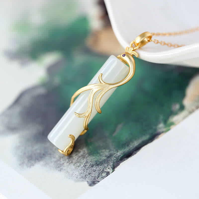Collana con ciondolo di protezione in rame con drago e fenice in giada Buddha Stones - image 11
