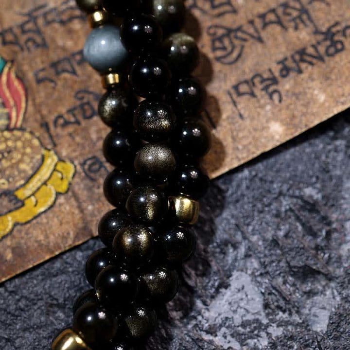 Buddha Stones 108 Mala Beads Oro Lucente Ossidiana Occhio di Tigre Pietra Occhio d'Aquila Bracciale della Ricchezza