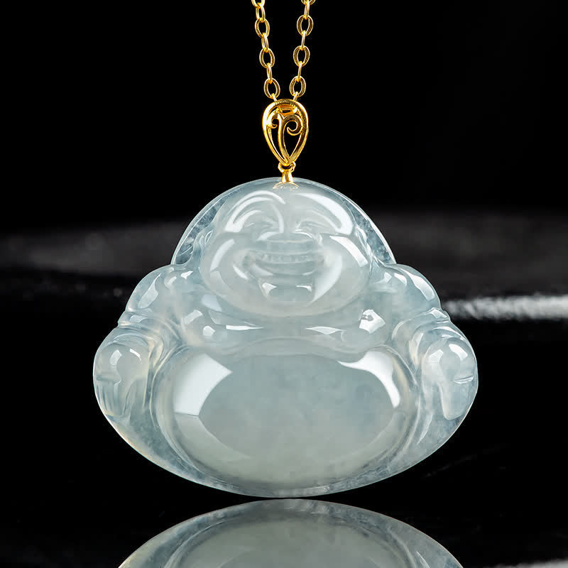 Collana con Buddha Stones che ride, giada naturale, abbondanza, catena in acciaio al titanio - Giada - image 0